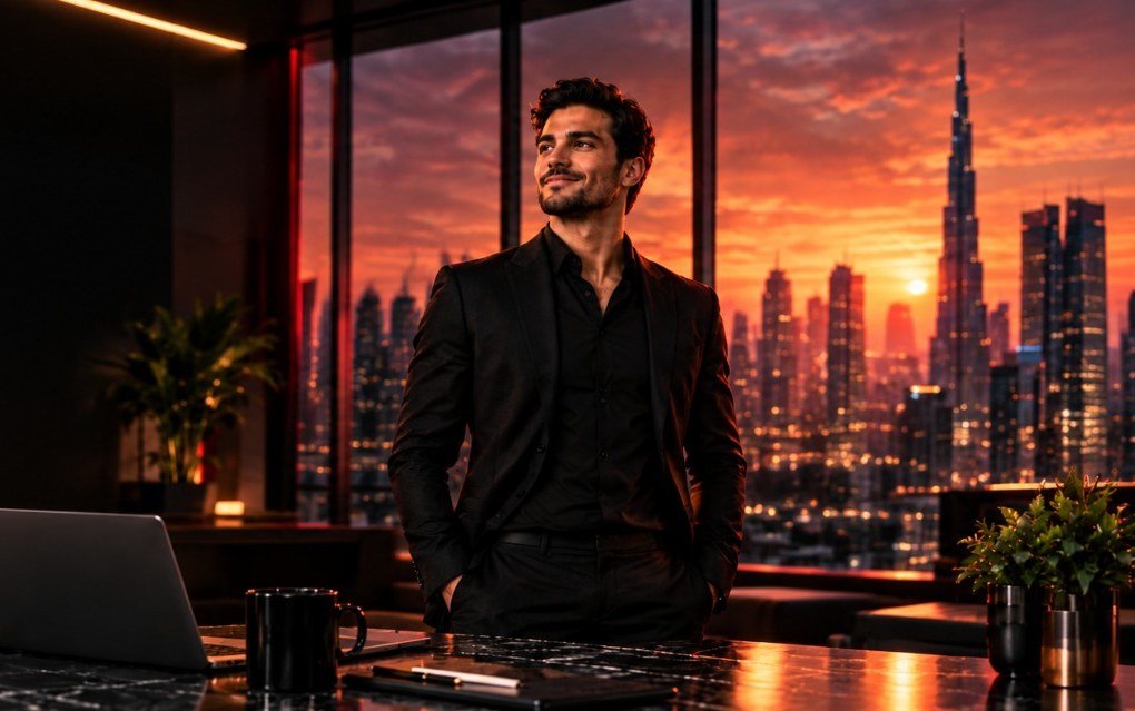 A man standing in a high-rise office at sunset, city skyline behind him
